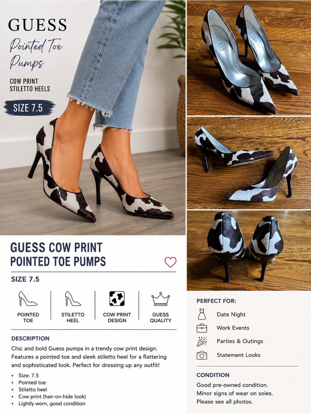 Guess Cow-Print Pointed Toe Stiletto Pumps - Black & White
